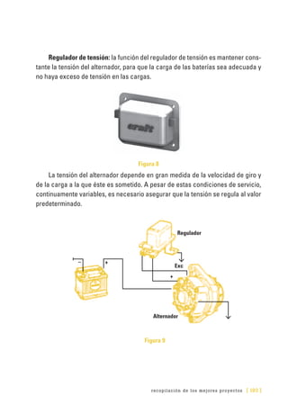 recopilación de los mejores proyectos [ 193 ]
Regulador de tensión: la función del regulador de tensión es mantener cons-
tante la tensión del alternador, para que la carga de las baterías sea adecuada y
no haya exceso de tensión en las cargas.
Figura 8
La tensión del alternador depende en gran medida de la velocidad de giro y
de la carga a la que éste es sometido. A pesar de estas condiciones de servicio,
continuamente variables, es necesario asegurar que la tensión se regula al valor
predeterminado.
Figura 9
Regulador
+–
+
Exc
Alternador
 