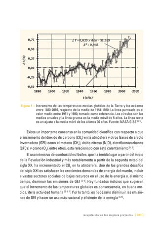 recopilación de los mejores proyectos [ 207 ]
Figura 1 – Incremento de las temperaturas medias globales de la Tierra y los océanos
entre 1880-2010, respecto de la media de 1951-1980. La línea punteada es el
valor medio entre 1951 y 1980, tomado como referencia. Los círculos son las
medias anuales y la línea gruesa es la media móvil de 5 años. La línea recta
es un ajuste a la media móvil de los últimos 30 años. Fuente: NASA GISS [2, 5]
.
Existe un importante consenso en la comunidad científica con respecto a que
el incremento del dióxido de carbono (CO2
) en la atmósfera y otros Gases de Efecto
Invernadero (GEI) como el metano (CH4
), óxido nitroso (N2
O), clorofluorocarbonos
(CFCs) y ozono (O3
), entre otros, está relacionado con este calentamiento [1, 3]
.
El uso intensivo de combustibles fósiles, que ha tenido lugar a partir del inicio
de la Revolución Industrial y más notablemente a partir de la segunda mitad del
siglo XX, ha incrementado el CO2
en la atmósfera. Uno de los grandes desafíos
del siglo XXI es satisfacer las crecientes demandas de energía del mundo, incluir
a vastos sectores sociales de bajos recursos en el uso de la energía y, al mismo
tiempo, disminuir las emisiones de GEI [3, 6]
. Hay fundados indicios que sugieren
que el incremento de las temperaturas globales es consecuencia, en buena me-
dida, de la actividad humana [3, 6, 7]
. Por lo tanto, es necesario disminuir las emisio-
nes de GEI y hacer un uso más racional y eficiente de la energía [3, 6]
.
 