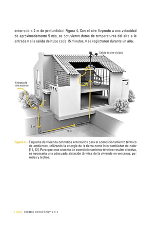 [ 210 ] PRE M IO ODE B REC HT 2013
enterrado a 2 m de profundidad, Figura 4. Con el aire fluyendo a una velocidad
de aproximadamente 5 m/s, se obtuvieron datos de temperaturas del aire a la
entrada y a la salida del tubo cada 15 minutos, y se registraron durante un año.
Figura 4 – Esquema de vivienda con tubos enterrados para el acondicionamiento térmico
de ambientes, utilizando la energía de la tierra como intercambiador de calor
[11, 12]. Para que este sistema de acondicionamiento térmico resulte efectivo,
es necesaria una adecuada aislación térmica de la vivienda en ventanas, pa-
redes y techos.
Entrada de
aire exterior
2 m
75 m
Salida de aire viciado
 