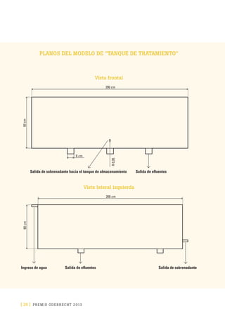 [ 26 ] PRE M IO ODE B REC HT 2013
PLANOS DEL MODELO DE “TANQUE DE TRATAMIENTO”
Salida de efluentesSalida de sobrenadante hacia el tanque de almacenamiento
Vista frontal
200 cm
60cm
R0,95
8 cm
Ingreso de agua Salida de efluentes Salida de sobrenadante
200 cm
60cm
Vista lateral izquierda
 