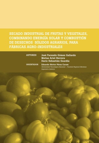 [ 90 ] PRE M IO ODE B REC HT 2013
SECADO INDUSTRIAL DE FRUTAS Y VEGETALES,
COMBINANDO ENERGÍA SOLAR Y COMBUSTIÓN
DE DESECHOS SÓLIDOS AGRARIOS, PARA
FÁBRICAS AGRO-INDUSTRIALES
AUTORES José Facundo Gómez Gallardo
Matías Ariel Herrera
Darío Sebastián Guardia
ORIENTADOR Eduardo Héctor Pérez Caram
Universidad Tecnológica Nacional – Facultad Regional Mendoza
Ingeniería Química
 
