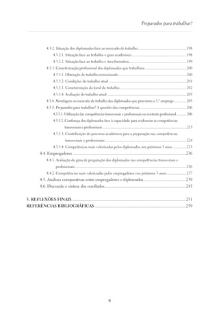 9
Preparados para trabalhar?
4.3.2. Situação dos diplomados face ao mercado de trabalho.....................................................198
4.3.2.1. Situação face ao trabalho e grau académico............................................................198
4.3.2.2. Situação face ao trabalho e área formativa..............................................................199
4.3.3. Caracterização profissional dos diplomados que trabalham.............................................200
4.3.3.1. Obtenção de trabalho remunerado..........................................................................200
4.3.3.2. Condições do trabalho atual....................................................................................201
4.3.3.3. Caracterização do local de trabalho.........................................................................202
4.3.3.4. Avaliação do trabalho atual......................................................................................205
4.3.4. Abordagem ao mercado de trabalho dos diplomados que procuram o 1.º emprego................205
4.3.5. Preparados para trabalhar? A questão das competências...................................................206
4.3.5.1. Utilização das competências transversais e profissionais no contexto profissional.............206
4.3.5.2. Confiança dos diplomados face à capacidade para evidenciar as competências
transversais e profissionais...................................................................................................213
4.3.5.3. Contribuição do percurso académico para a preparação nas competências
transversais e profissionais........................................................................................224
4.3.5.4. Competências mais valorizadas pelos diplomados nos próximos 5 anos................233
4.4. Empregadores............................................................................................................236
4.4.1. Avaliação do grau de preparação dos diplomados nas competências transversais e
profissionais....................................................................................................................... 236
4.4.2. Competências mais valorizadas pelos empregadores nos próximos 5 anos.......................237
4.5. Análises comparativas entre empregadores e diplomados.........................................239
4.6. Discussão e síntese dos resultados..............................................................................245
5. REFLEXÕES FINAIS.............................................................................................................251
REFERÊNCIAS BIBLIOGRÁFICAS.......................................................................................259
 