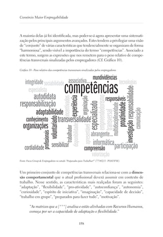 158
Consórcio Maior Empregabilidade
A maioria delas já foi identificada, mas poder-se-á agora apresentar uma sistemati-
zação pelos principais argumentos avançados. Estes tendem a privilegiar uma visão
de “conjunto” de várias características que tendencialmente se organizam de forma
“harmoniosa”, sendo visível a importância do termo “competências”. Associado a
este termo, surgem as expressões que nos remetem para o peso relativo de compe-
tências transversais sinalizadas pelos empregadores (Cf. Gráfico 10).
Gráfico 10 - Peso relativo das competências transversais sinalizadas pelos empregadores
competências
mundividências
autodidata
responsabilização
compreensão participação
multidisciplinaridade
informática
abrangente...
associativa...
comunicação
responsáveis
conhecimento
adaptabilidade
organizações
profissionais
voluntariado
proatividade
experiência
investigaçãoresponsabilidade
especializado
transversalidade
organização
trabalhador
sensibilizarcordialidade
integridade sociabilidade tecnologias
incentivados
transversal
empreendedorismo
disponibilidade
apresentávelespecialista
valorização
Fonte: Focus Group de Empregadores no estudo “Preparados para Trabalhar?” (77540213 - POAT/FSE)
Um primeiro conjunto de competências transversais relaciona-se com a dimen-
são comportamental que o atual profissional deverá assumir em contexto de
trabalho. Nesse sentido, as características mais realçadas foram as seguintes:
“adaptação”, “flexibilidade”, “pro-atividade”, “autoconfiança”, “autonomia”,
“curiosidade”, “espírito de iniciativa”, “imaginação”, “capacidade de decisão”,
“trabalho em grupo”, “preparados para fazer tudo”, “motivação”.
“As matrizes que a [***] analisa e estão alinhadas com Recursos Humanos,
começa por ser a capacidade de adaptação e flexibilidade.”
 