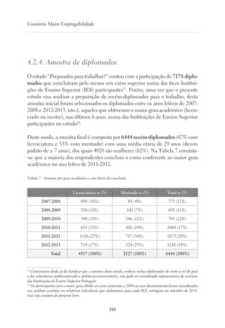 188
Consórcio Maior Empregabilidade
4.2.4. Amostra de diplomados
O estudo “Preparados para trabalhar?” contou com a participação de 7178 diplo-
mados que concluíram pelo menos um curso superior numa das treze Institui-
ções de Ensino Superior (IES) participantes25
. Porém, uma vez que o presente
estudo visa analisar a preparação de recém-diplomados para o trabalho, desta
amostra inicial foram selecionados os diplomados entre os anos letivos de 2007-
2008 e 2012-2013, isto é, aqueles que obtiveram o maior grau académico (licen-
ciado ou mestre), nos últimos 6 anos, numa das Instituições de Ensino Superior
participantes no estudo26
.
Deste modo, a amostra final é composta por 6444 recém-diplomados (67% com
licenciatura e 33% com mestrado) com uma média etária de 29 anos (desvio
padrão de ± 7 anos), dos quais 4020 são mulheres (62%). Na Tabela 7 constata-
-se que a maioria dos respondentes concluiu o curso conferente ao maior grau
académico no ano letivo de 2011-2012.
Tabela 7 - Amostra por grau académico e ano letivo de conclusão
Licenciatura n (%) Mestrado n (%) Total n (%)
2007-2008 690 (16%) 83 (4%) 773 (12%)
2008-2009 550 (12%) 141 (7%) 691 (11%)
2009-2010 549 (13%) 246 (11%) 795 (12%)
2010-2011 653 (15%) 416 (19%) 1069 (17%)
2011-2012 1156 (27%) 717 (34%) 1873 (29%)
2012-2013 719 (17%) 524 (25%) 1243 (19%)
Total 4317 (100%) 2127 (100%) 6444 (100%)
25
Gostaríamos desde já de clarificar que a amostra deste estudo, embora inclua diplomados de norte a sul do país
e dos subsistemas público/privado e politécnico/universitário, não pode ser considerada representativa do universo
das Instituições de Ensino Superior Português.
26
Os participantes com o maior grau obtido em anos anteriores a 2008 ou com doutoramento foram considerados
nas análises contidas em relatórios individuais que elaboramos para cada IES, entregues em setembro de 2014,
mas não constam do presente livro.
 