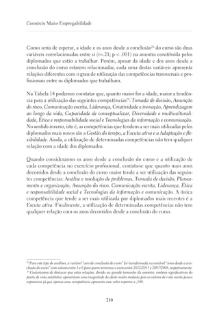 210
Consórcio Maior Empregabilidade
Como seria de esperar, a idade e os anos desde a conclusão28
do curso são duas
variáveis correlacionadas entre si (r=.21; p  .001) na amostra constituída pelos
diplomados que estão a trabalhar. Porém, apesar da idade e dos anos desde a
conclusão do curso estarem relacionadas, cada uma destas variáveis apresenta
relações diferentes com o grau de utilização das competências transversais e pro-
fissionais entre os diplomados que trabalham.
Na Tabela 14 podemos constatar que, quanto maior for a idade, maior a tendên-
cia para a utilização das seguintes competências29
: Tomada de decisão, Assunção
do risco, Comunicação escrita, Liderança, Criatividade e inovação, Aprendizagem
ao longo da vida, Capacidade de conceptualizar, Diversidade e multiculturali-
dade, Ética e responsabilidade social e Tecnologias da informação e comunicação.
No sentido inverso, isto é, as competências que tendem a ser mais utilizadas pelos
diplomados mais novos são a Gestão do tempo, a Escuta ativa e a Adaptação e fle-
xibilidade. Ainda, a utilização de determinadas competências não tem qualquer
relação com a idade dos diplomados.
Quando consideramos os anos desde a conclusão do curso e a utilização de
cada competência no exercício profissional, contata-se que quanto mais anos
decorridos desde a conclusão do curso maior tende a ser utilização das seguin-
tes competências: Análise e resolução de problemas, Tomada de decisão, Planea-
mento e organização, Assunção do risco, Comunicação escrita, Liderança, Ética
e responsabilidade social e Tecnologias da informação e comunicação. A única
competência que tende a ser mais utilizada por diplomados mais recentes é a
Escuta ativa. Finalmente, a utilização de determinadas competências não tem
qualquer relação com os anos decorridos desde a conclusão do curso.
28
Para este tipo de análises, a variável “ano de conclusão de curso” foi transformada na variável “anos desde a con-
clusão do curso” com valores entre 1 e 6 para quem terminou o curso entre 2012/2013 e 2007/2008, respetivamente.
29
Gostaríamos de destacar que estas relações, devido ao grande tamanho da amostra, embora significativas do
ponto de vista estatístico apresentam uma magnitude do efeito muito modesta pois os valores de r são muito pouco
expressivos já que apenas uma competência apresenta esse valor superior a ,100.
 