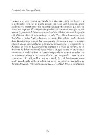 230
Consórcio Maior Empregabilidade
Conforme se pode observar na Tabela 26, a nível univariado constata-se que
os diplomados com grau de mestre relatam um maior contributo do percurso
académico na preparação obtida nas competências profissionais do que os licen-
ciados nas seguintes 13 competências profissionais: Análise e resolução de pro-
blemas, Expressão oral, Comunicação escrita, Criatividade e inovação, Adaptação
e flexibilidade, Aprendizagem ao longo da vida, Capacidade de conceptualizar,
Trabalho em equipa, Motivação para a excelência, Diversidade e multiculturali-
dade, Tecnologias da informação e comunicação, Domínio de línguas estrangeiras
e Competências técnicas da área específica de conhecimento. Curiosamente, na
Assunção do risco, no Relacionamento interpessoal e gestão de conflitos, na Li-
derança e na Ética e responsabilidade social, a situação inverte-se, isto é, nestas
competências profissionais são os licenciados que relatam um maior nível de pre-
paração conseguido pelo percurso académico, por comparação com os mestres.
Finalmente, não existem diferenças na avaliação da contribuição do percurso
académico efetuada por licenciados e os mestres nas seguintes 4 competências:
Tomada de decisão, Planeamento e organização, Gestão do tempo e Escuta ativa.
 