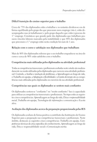 35
Preparados para trabalhar?
Difícil transição do ensino superior para o trabalho
Cerca de 73% dos diplomados estão a trabalhar e os restantes dividem-se em de
forma equilibrada pelo grupo dos que procuram novo emprego (isto é, estão de-
sempregados mas já trabalharam) e pelo grupo daqueles que estão à procura do
1.º emprego. Constata-se que grande parte dos diplomados que trabalham pos-
suem vínculos laborais marcados pela instabilidade e que 44% dos diplomados
que procuram o 1.º emprego estão nesta condição há mais de 1 ano.
Relação com o curso e satisfação nos diplomados que trabalham
Mais de 80% dos diplomados referem que o seu trabalho enquadra-se na área do
curso e cerca de 90% estão satisfeitos com o trabalho.
Competências mais utilizadas pelos diplomados na atividade profissional
Todas as competências transversais e profissionais avaliadas neste estudo são modera-
damente ou muito utilizadas pelos diplomados que exercem uma atividade profissio-
nal. Contudo, a Análise e resolução de problemas, a Aprendizagem ao longo da vida,
o Trabalho em equipa, a Adaptação e flexibilidade e a Gestão do tempo são as compe-
tências mais utilizadas pelos diplomados no exercício da sua atividade profissional.
Competências nas quais os diplomados se sentem mais confiantes
Os diplomados sentem-se “confiantes” ou “muito confiantes” face à capacidade
para utilizar as competências transversais e profissionais. No topo estão as seguin-
tes cinco competências: Aprendizagem ao longo da vida, Ética e responsabilidade
social, Trabalho em equipa, Tecnologias de informação e comunicação e Escuta
ativa.
Avaliação dos diplomados acerca da preparação proporcionada pelas IES
Os diplomados avaliam de forma positiva o contributo das Instituições de Ensino
Superior para a preparação nas competências transversais e profissionais. Neste
âmbito, destacam as seguintes cinco competências: Trabalho em equipa, Com-
petências técnicas da área específica de conhecimento, Aprendizagem ao longo da
vida, Ética e responsabilidade social e Comunicação escrita.
 