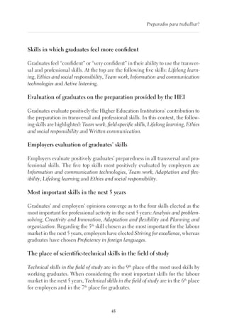 45
Preparados para trabalhar?
Skills in which graduates feel more confident
Graduates feel “confident” or “very confident” in their ability to use the transver-
sal and professional skills. At the top are the following five skills: Lifelong learn-
ing, Ethics and social responsibility, Team work, Information and communication
technologies and Active listening.
Evaluation of graduates on the preparation provided by the HEI
Graduates evaluate positively the Higher Education Institutions’ contribution to
the preparation in transversal and professional skills. In this context, the follow-
ing skills are highlighted: Team work, field-specific skills, Lifelong learning, Ethics
and social responsibility and Written communication.
Employers evaluation of graduates’ skills
Employers evaluate positively graduates’ preparedness in all transversal and pro-
fessional skills. The five top skills most positively evaluated by employers are
Information and communication technologies, Team work, Adaptation and flex-
ibility, Lifelong learning and Ethics and social responsibility.
Most important skills in the next 5 years
Graduates’ and employers’ opinions converge as to the four skills elected as the
most important for professional activity in the next 5 years: Analysis and problem-
solving, Creativity and Innovation, Adaptation and flexibility and Planning and
organization. Regarding the 5th
skill chosen as the most important for the labour
market in the next 5 years, employers have elected Striving for excellence, whereas
graduates have chosen Proficiency in foreign languages.
The place of scientific-technical skills in the field of study
Technical skills in the field of study are in the 9th
place of the most used skills by
working graduates. When considering the most important skills for the labour
market in the next 5 years, Technical skills in the field of study are in the 6th
place
for employers and in the 7th
place for graduates.
 