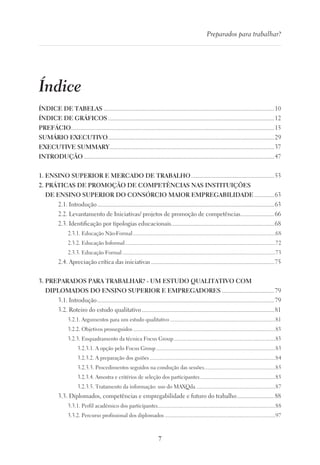 7
Preparados para trabalhar?
Índice
ÍNDICE DE TABELAS................................................................................................................10
ÍNDICE DE GRÁFICOS.............................................................................................................12
PREFÁCIO.....................................................................................................................................15
SUMÁRIO EXECUTIVO.............................................................................................................29
EXECUTIVE SUMMARY............................................................................................................37
INTRODUÇÃO.............................................................................................................................47
1. ENSINO SUPERIOR E MERCADO DE TRABALHO.......................................................53
2. PRÁTICAS DE PROMOÇÃO DE COMPETÊNCIAS NAS INSTITUIÇÕES
DE ENSINO SUPERIOR DO CONSÓRCIO MAIOR EMPREGABILIDADE..............63
2.1. Introdução....................................................................................................................63
2.2. Levantamento de Iniciativas/ projetos de promoção de competências.......................66
2.3. Identificação por tipologias educacionais....................................................................68
2.3.1. Educação Não-Formal.........................................................................................................68
2.3.2. Educação Informal...............................................................................................................72
2.3.3. Educação Formal.................................................................................................................73
2.4. Apreciação crítica das iniciativas.................................................................................75
3. PREPARADOS PARA TRABALHAR? - UM ESTUDO QUALITATIVO COM
DIPLOMADOS DO ENSINO SUPERIOR E EMPREGADORES...................................79
3.1. Introdução....................................................................................................................79
3.2. Roteiro do estudo qualitativo.......................................................................................81
3.2.1. Argumentos para um estudo qualitativo..............................................................................81
3.2.2. Objetivos prosseguidos.........................................................................................................83
3.2.3. Enquadramento da técnica Focus Group...........................................................................83
3.2.3.1. A opção pelo Focus Group........................................................................................83
3.2.3.2. A preparação dos guiões.............................................................................................84
3.2.3.3. Procedimentos seguidos na condução das sessões.....................................................85
3.2.3.4. Amostra e critérios de seleção dos participantes........................................................85
3.2.3.5. Tratamento da informação: uso do MAXQda...........................................................87
3.3. Diplomados, competências e empregabilidade e futuro do trabalho.........................88
3.3.1. Perfil académico dos participantes.......................................................................................88
3.3.2. Percurso profissional dos diplomados..................................................................................97
 