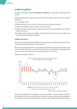 Análise de gráficos
Os gráficos permitem visualizar Informação e tendências, o que facilita a interpretação dos
valores.
Quando analisamos um gráfico, devemos proceder do mesmo modo que para os quadros
estatísticos:
1. Ler e analisar o título.
2. Obter informação acerca da fonte, data dos valores e eventuais anotações.
3. Observar a unidade em que os valores sâo mencionados.
4. Retirar do grafico a ideia principal - mas ter em atenção a escala do gráfico para não fazer
análises Incorretas.
5. Identificar algumas ideias secundárias, que também são importantes para a análise, sem
nos perdermos em pequenos detalhes.
Gráficos de barras
Os gráficos de barras são multo utilizados para representar, por exemplo, informação relacio­
nada com países, grupos etários ou tipos de bens.
No eixo das abcissas representa-se o que está a ser estudado e no eixo das ordenadas o que
se está a medir. Neste eixo, por se tratar de uma medição, é fundamental a representação de
uma escala para que a altura das barras seja proporcional ao seu valor.
Vejamos o exemplo do gráfico 1.
Grafico 1 - Produto interno bruto e procura interna. Portugal.
Taxa de variação anuaL Em percentagem
Este gráfico apresenta-nos um diagrama em colunas relativo a taxa de variação do PIB em
percentagem e uma curva relativa à taxa de variação da procura Interna, em percentagem e
em volume. Os valores foram calculados em volume, ou seja, o efeito da inflação está anulado.
 
