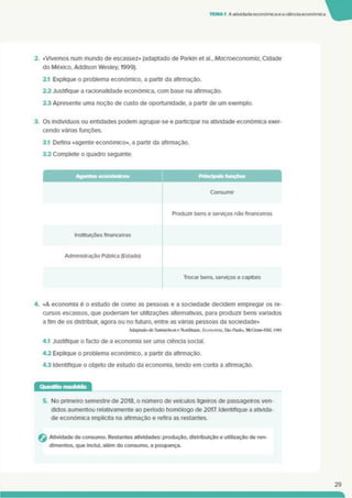 TEMA1 Aatividade económicaeaciência económica
2. «Vivemos num mundo de escassez» (adaptado de Parkin et al„ Macroeconomia. Cidade
do México. Addlson Wesley. 1999).
2.1 Explique o problema económico, a partir da afirmação.
2.2 Justifique a racionalidade económica, com base na afirmação.
2.3 Apresente uma noção de custo de oportunidade, a partir de um exemplo.
3. Os indivíduos ou entidades podem agrupar-se e participar na atividade económica exer­
cendo várias funções.
3.1 Defina «agente económico», a partir da afirmação.
3.2 Complete o quadro seguinte.
— Principais funções 1
Consumir
Produzir bens e serviços não financeiros
Instituições financeiras
Administração Pública (Estado)
Trocar bens, serviços e capitais
4. «A economia é o estudo de como as pessoas e a sociedade decidem empregar os re­
cursos escassos, que poderiam ter utilizações alternativas, para produzir bens variados
a fim de os distribuir, agora ou no futuro, entre as várias pessoas da sociedade»
Adaptado de Samuelsotic Nurdhaus. Economia. S3o Paulo. McGraw-HUI. 19B1
4.1 Justifique o facto de a economia ser uma ciência social.
43 Explique o problema económico, a partir da afirmação.
43 Identifique o objeto de estudo da economia, tendo em conta a afirmaçao.
5. No primeiro semestre de 2018. o número de veículos ligeiros de passageiros ven­
didos aumentou relatlvamente ao período homólogo de 2017. Identifique a ativida­
de económica implícita na afirmação e refira as restantes.
Atividade de consumo. Restantes atividades: produção, distribuição e utilização de ren­
dimentos. que inclui, além do consumo, a poupança.
29
 
