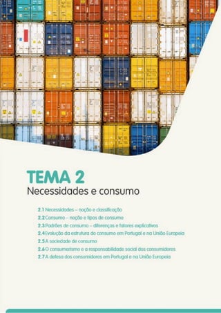 TEMA 2
Necessidades e consumo
2.1 Necessidades - noção e classificação
2.2Consumo - noção e tipos de consumo
2.3 Padrões de consumo - diferenças e fatores explicativos
2.4 Evolução da estrutura do consumo em Portugal e na União Europeia
2.5A sociedade de consumo
2.60 consumerismo e a responsabilidade social dos consumidores
2.7A defesa dos consumidores em Portugal e na União Europeia
 