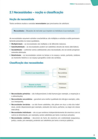TEMA2 Necessidadeseconsumo
2.1 Necessidades - noção e classificação
Noção de necessidade
Todos sentimos multas e variadas necessidades que precisamos de satisfazer.
Necessidades - Situações de mal-estar que impelem os indivíduos a sua resolução.
As necessidades assumem variadas características: são múltiplas e vanadas e estão permanen­
temente presentes no nosso quotidiano.
• Multiplicidade - as necessidades sâo múltiplas e de diferente natureza.
• Substltulbllldade - as necessidades podem ser satisfeitas através de meios alternativos.
• Saclabllldade - conforme vamos satisfazendo uma necessidade, ela vai sendo progressi-
vamente eliminada.
• Relatividade - as necessidades vanam no tempo e no espaço, sendo, portanto, relativas
ao momento histórico e ao espaço geográfico onde são sentidas.
Classificação das necessidades
Quanto a sua Importância
Primárias
Secundárias
Terciárias
Quanto ao facto
de vivermos em coletividade
• Necessidades primárias - são indispensáveis à vida humana (por exemplo, a respiração e
a alimentação).
• Necessidades secundárias - garantem uma melhor qualidade de vida (por exemplo, cultu­
ra e transporte).
• Necessidades terciárias - se não forem satisfeitas, não põem em risco a vida dos indiví­
duos. sendo dispensáveis (por exemplo, vestuário de marca, perfume, ou viajar em classe
executiva).
• Necessidades Individuais - são as que sentimos independentemente de vivermos com os
outros (a alimentação, por exemplo), sendo satisfeitas por bens e serviços privados;
• Necessidades coletivas - decorrem do facto de vivermos em coletividade (segurança.
Justiça, saúde, por exemplo), podendo ser satisfeitas por bens e serviços públicos.
31
 
