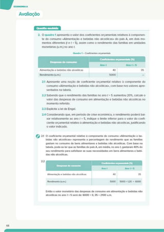 Avaliação
2. O quadro 1 apresenta o valor dos coeficientes orçamentais relativos a componen­
te do consumo «Alimentação e bebidas não alcoólicas» do país A. em dois mo­
mentos diferentes (f e t + 5). assim como o rendimento das famílias em unidades
monetárias (u.m.) no ano t.
Quadro 1 - Coeficientes orçamentais
40
5000
Alimentação e bebidas não alcoólicas
Rendimento (u.m.)
2.1 Apresente uma noção de coeficiente orçamental relativo a componente do
consumo «Alimentação e bebidas não alcoólicas», com base nos valores apre­
sentados na tabela.
2J Sabendo que o rendimento das famílias no ano t + 5 aumentou 20%. calcule o
valor das despesas de consumo em alimentação e bebidas não alcoólicas no
momento refendo.
23 Explicite a lei de Engel.
2.4 Considerando que. em período de cnse económica, o rendimento poderá bai­
xar relativamente ao ano t + 5. indique o limite inferior para o valor do coefi­
ciente orçamental relativo à alimentação e bebidas não alcoólicas, justificando
o valor Indicado.
2.1 O coeficiente orçamental relativo ã componente do consumo «Alimentação e be­
bidas não alcoólicas» representa a percentagem do rendimento que as famílias
gastam no consumo de bens alimentares e bebidas não alcoólicas. Com base na
tabela, pode-se ler que as famílias do país A. em média, no ano t, gastaram 40% do
seu rendimento para satisfazer as suas necessidades em bens alimentares e bebi­
das não alcoólicas.
Alimentação e bebidas não alcoólicas 40 35
Rendimento (u.m.) 5000 5000 « 1.20 = 6000
Então o valor monetário das despesas de consumo em alimentação e bebidas não
alcoólicas no ano t + 5 será de: 6000 « 0,35 = 2100 u.m.
44
 
