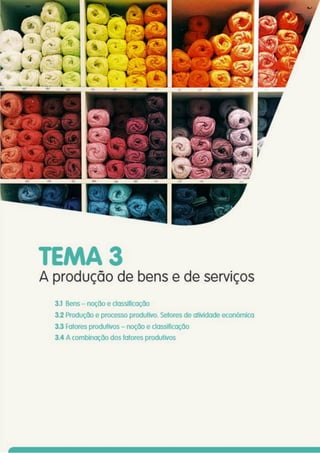 TEMA 3
A produção de bens e de serviços
3.1 Bens - noção e classificação
32 Produção e processo produtivo. Setores de atividade económica
3.3 Fatores produtivos - noção e classificação
3.4 A combinação dos fatores produtivos
 