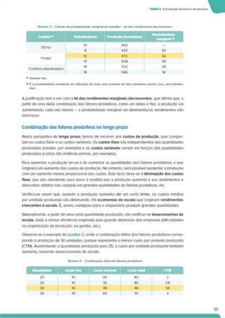TEMA 3 A produçãode bense de serviços
1 cetfelra-debulnadora
w Sempre fixo.
*" É a produtividade resultante da utilização de mais uma unidade de fator produtivo (neste caso, um trabalha­
dor).
Ajustificação tem a ver com a lei dos rendimentos marginais decrescentes, que afirma que, a
partir de uma dada combinação dos fatores produtivos, como um deles é fixo, a produção vai
aumentando cada vez menos - a produtividade marginal vai diminuindo/os rendimentos vão
decrescer.
Combinação dos fatores produtivos no longo prazo
Numa perspetiva de longo prazo, temos de recorrer aos custos de produção, que compor­
tam os custos fixos e os custos variáveis. Os custos fixos são independentes das quantidades
produzidas (rendas, por exemplo) e os custos variáveis variam em função das quantidades
produzidas (custos das maténas-pnmas, por exemplo).
Para aumentar a produção ter-se-á de aumentar as quantidades dos fatores produtivos, o que
originara um aumento dos custos de produção. No entanto, será possível aumentar a produção
com um aumento menos proporcional dos custos. Este facto deve-se à diminuição dos custos
fixos, que vão «tendendo para zero» à medida que a produção aumenta e aos abatimentos e
descontos obtidos nas compras em grandes quantidades de fatores produtivos, etc.
Verifica-se assim que. quando a produção aumenta até um certo limite, os custos médios
por unidade produzida vão diminuindo. Há economias de escala que ofiginam rendimentos
crescentes à escala. É. assim, vantajoso para o empresário produzir grandes quantidades.
Naturalmente, a partir de uma certa quantidade produzida, vão verificar-se deseconomlas de
escala, dada a menor eficiência originada pela grande dimensão das empresas (dificuldades
na organização da produção, na gestão, etc.).
Observe-se o exemplo do quadro 3. onde a combinação ótima dos fatores produtivos corres­
ponde à produção de 30 unidades, porque representa o menor custo por unidade produzida
(CTM). Aumentando a quantidade produzida para 35, o custo por unidade produzida também
aumenta, havendo deseconomlas de escala.
Quadro 3 - Combinação ótima de fatores produtivos
55
 