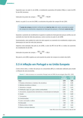 Supondo que. no país X. em 2018. o rendimento aumentou 6% (índice 106) e o valor do IPC
foi de 103, teremos:
106 * 100
Indicador do poder de compra = —^3— = 1°2.91
Assim, no país X, no ano de 2018. o acréscimo de poder de compra foi de 2.9%.
O poder de compra, também conhecido por nível de vida está, assim, associado ao poder
de compra do rendimento e depende do nível geral de preços, o chamado custo de vida.
Quando o aumento do rendimento é superior a subida do nível geral de preços verlflca-se um
aumento do nível de vida das pessoas, como ocorreu no país X. em 2018.
Inversamente, uma subida do custo de vida superior ao aumento do rendimento origina uma
diminuição do nível de vida das pessoas.
Vejamos este exemplo. No país A. em 2018. o valor do IPC foi de 110 e o índice de aumento
do rendimento foi de 105.
105 * 100 .
Indicador do poder de compra = n<j " = 95.4
No país A. em 2018, registou-se uma queda do poder de compra na ordem dos 4.6%.
5.5 A inflação em Portugal e na União Europeia
Como vimos atrás, o índice de preços no consumidor (IPC) é 0 indicador utilizado para medir
a inflação de uma economia.
Quadro 1 - índice de preços no consumidor. Portugal, maio de 2018. Em percentagem. Base 100 = 2012
Fume: INE. Boletim Mensal de Estatístico. mak> de 201»
Total 1.04 1.04
1. Produtos alimentares e bebidas não alcoólicas 0.70 0.98
2. Bebidas alcoólicas e tabaco 2.28 2.05
3. Vestuário e calçado -3,26 -3,25
4. Habitação, água. luz. gás e outros combustíveis 2,02 1.18
5. Acessórios, equipamentos domésticos e manutenção da habitação -0.85 -0.56
6. Saúde 1.16 0.84
7. Transportes 3,80 2.30
8. Comunicações 0,44 1.72
9. Lazer, recreação e cultura -0.70 0.68
10. Educação 1.18 1.10
11. Restaurantes e hotéis 2.87 3.22
12. Bens e serviços diversos 0,25 1.02
90
 