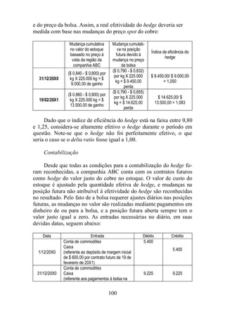 e do preço da bolsa. Assim, a real efetividade do hedge deveria ser 
medida com base nas mudanças do preço spot do cobre: 
100 
Mudança cumulativa 
no valor do estoque 
baseado no preço à 
vista da região da 
companhia ABC 
Mudança cumulati-va 
na posição 
futura devido à 
mudança no preço 
da bolsa 
Índice de eficiência do 
hedge 
31/12/20X0 
($ 0,840 - $ 0,800) por 
kg X 225.000 kg = $ 
9.000,00 de ganho 
($ 0,790 - $ 0,832) 
por kg X 225.000 
kg = $ 9.450,00 
perda 
$ 9.450,00/ $ 9.000,00 
= 1,050 
19/02/20X1 
($ 0,860 - $ 0,800) por 
kg X 225.000 kg = $ 
13.500,00 de ganho 
($ 0,790 - $ 0,855) 
por kg X 225.000 
kg = $ 14.625,00 
perda 
$ 14.625,00/ $ 
13.500,00 = 1,083 
Dado que o índice de eficiência do hedge está na faixa entre 0,80 
e 1,25, considera-se altamente efetivo o hedge durante o período em 
questão. Note-se que o hedge não foi perfeitamente efetivo, o que 
seria o caso se o delta ratio fosse igual a 1,00. 
Contabilização 
Desde que todas as condições para a contabilização do hedge fo-ram 
reconhecidas, a companhia ABC conta com os contratos futuros 
como hedge do valor justo do cobre no estoque. O valor de custo do 
estoque é ajustado pela quantidade efetiva de hedge, e mudanças na 
posição futura não atribuível à efetividade do hedge são reconhecidas 
no resultado. Pelo fato de a bolsa requerer ajustes diários nas posições 
futuras, as mudanças no valor são realizadas mediante pagamentos em 
dinheiro de ou para a bolsa, e a posição futura aberta sempre tem o 
valor justo igual a zero. As entradas necessárias no diário, em suas 
devidas datas, seguem abaixo: 
Data Entrada Débito Crédito 
1/12/20X0 
Conta de commodities 
Caixa 
(referente ao depósito de margem inicial 
de $ 600,00 por contrato futuro de 19 de 
fevereiro de 20X1) 
5.400 
5.400 
31/12/20X0 
Conta de commodities 
Caixa 
(referente aos pagamentos à bolsa na 
9.225 
9.225 
 