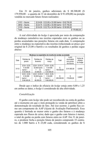 Em 31 de janeiro, ganhos adicionais de $ 88.300,00 ($ 
179.950,00 – a quantia de 31 de dezembro de $ 91.650,00) na posição 
vendida no mercado futuro foram realizados: 
31/01 – futuros ($ 24,90 - $ 23,00) x 33.000 barris = $ 62.700,00 
28/02 – futuros ($ 24,70 - $ 22,95) x 33.000 barris = $ 57.750,00 
31/03 – futuros ($ 24,50 - $ 22,75) x 34.000 barris = $ 59.500,00 
Total $ 179.950,00 
A real efetividade do hedge é apreciada por meio da comparação 
da mudança cumulativa nas receitas esperadas com os ganhos ou as 
perdas acumulados nas posições futuras em cada data. A comparação 
entre a mudança na expectativa das receitas (relacionada ao preço spot 
original de $ 25,00 o barril) e os resultados de ganhos e perdas segue 
abaixo: 
Mudança na expectativa da receita de vendas acumulada 
105 
Data 
Petróleo de 
janeiro 
Petróleo de 
fevereiro 
Petróleo de 
março 
Total 
Lucro 
acumulado 
nos contra-tos 
futuros 
Índice de 
eficácia 
do hedge 
31/12 
($ 24 - $ 25) 
X 33.000 
barris = - 
$ 33.000,00 
($ 24 - $ 25) X 
33.000 barris 
= - $ 
33.000,00 
($ 24 – $ 25) 
X 34.000 
barris = - 
$ 34.000,00 
$ 
100.000,00 
$ 91.650,00 0,9165 
31/01 
($ 23 - $ 25) 
X 33.000 
barris = - 
$ 66.000,00 
($ 23 - $ 25) X 
33.000 barris 
= - $ 
66.000,00 
($ 23 - $ 25) 
X 34.000 
barris = - 
$ 68.000,00 
$ 
200.000,00 
$ 
179.950,00 
0,8997 
Desde que o índice de eficácia do hedge esteja entre 0,80 e 1,25 
em ambas as datas, o hedge é considerado de alta efetividade. 
Contabilização 
O ganho com hedge não pode ser reconhecido na conta de ganhos 
até o momento em que o item protegido (a venda de petróleo) afete a 
demonstração do resultado de fato. Até isso ocorrer, o ganho fica co-mo 
um componente do AAP (Ajuste de Avaliação Patrimonial). Essa 
quantia é limitada ao menor entre o ganho dos futuros e à mudança 
esperada nos fluxos de caixa; dado que o ganho com futuros é menor, 
o total do ganho ou perda com futuros entra no AAP. Em 31 de janei-ro, 
o produtor fecha a posição futura de janeiro comprando 33 contra-tos 
de 1.000 barris a $ 23,00 cada, considerando os ganhos de $ 
 