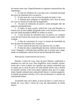 do mesmo neste caso. Especificamente as seguintes características são 
importantes: 
1 – O valor de referência do swap bate com o montante principal 
dos juros de rolamento ativo ou passivo. 
2 – O valor justo do swap no início da opção de hedge é zero. 
3 – A fórmula para computar as liquidações sob a taxa de juros 
do swap é a mesma em cada data de pagamento. 
4 – Os juros de rolamento do passivo sendo protegido não são 
109 
pagáveis antecipadamente. 
5 – O índice no qual a perna variável do swap está baseada é a 
mesma taxa de juros padrão designada como a taxa de juros com risco 
que está sendo protegida (LIBOR em ambos os casos). 
6 – A taxa de juros de rolamento ativo ou passivo ou o próprio 
swap não tem termos não usuais que invalidariam assumir a não inefe-tividade. 
7 – A data de vencimento do swap é a mesma da maturidade da 
taxa de juros de rolamento ativo ou passivo. 
8 – A taxa variável de juros do swap não tem teto, ou chão. 
9 – O intervalo entre a reprecificação das taxas variáveis de juros no 
swap é frequente o suficiente para justificar que se assuma que o paga-mento 
ou recebimento variável está na taxa de mercado (três meses). 
Subsequente comportamento dos preços 
Durante o termo do swap, taxas de juros flutuam, conduzindo a 
mudanças no valor do swap. Para simplificar, neste exemplo, assumi-remos 
que a curva é plana; isso significa que estamos assumindo que 
se espera que as taxas de juros em cada período futuro seja a mesma 
do período corrente. Uma curva plana significa dizer que (1) o paga-mento 
líquido estimado para cada período futuro é o mesmo pagamen-to 
líquido do período corrente e (2) a taxa de desconto é a mesma em 
cada período futuro. 
Assumindo uma curva plana, as taxas de juros e o valor justo es-timado 
do swap sobre o termo do swap são apresentados na tabela 
abaixo: 
 