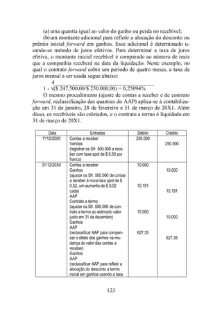 (a) uma quantia igual ao valor do ganho ou perda no recebível; 
(b)um montante adicional para refletir a alocação do desconto ou 
prêmio inicial forward em ganhos. Esse adicional é determinado u-sando- 
se método de juros efetivos. Para determinar a taxa de juros 
efetiva, o montante inicial recebível é comparado ao número de reais 
que a companhia receberá na data da liquidação. Neste exemplo, no 
qual o contrato forward cobre um período de quatro meses, a taxa de 
juros mensal a ser usada segue abaixo: 
4____________________________________ 
1 - √($ 247.500,00/$ 250.000,00) = 0,25094% 
O mesmo procedimento (ajuste de contas a receber e de contrato 
forward, reclassificação das quantias do AAP) aplica-se à contabiliza-ção 
em 31 de janeiro, 28 de fevereiro e 31 de março de 20X1. Além 
disso, os recebíveis são coletados, e o contrato a termo é liquidado em 
31 de março de 20X1. 
Data Entradas Débito Crédito 
123 
1º/12/20X0 Contas a receber 
Vendas 
(registrar os Sfr. 500.000 a rece-ber 
com taxa spot de $ 0,50 por 
franco) 
250.000 
250.000 
31/12/20X0 Contas a receber 
Ganhos 
(ajustar os Sfr. 500.000 de contas 
a receber à nova taxa spot de $ 
0,52, um aumento de $ 0,02 
cada) 
AAP 
Contrato a termo 
(ajustar os Sfr. 500.000 de con-trato 
a termo ao estimado valor 
justo em 31 de dezembro) 
Ganhos 
AAP 
(reclassificar AAP para compen-sar 
o efeito dos ganhos na mu-dança 
do valor das contas a 
receber) 
Ganhos 
AAP 
(reclassificar AAP para refletir a 
alocação do desconto a termo 
inicial em ganhos usando a taxa 
10.000 
10.191 
10.000 
627,35 
10.000 
10.191 
10.000 
627,35 
 