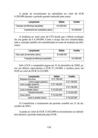 A perda no investimento na subsidiária no valor de EUR 
6.299.000 durante o período quando traduzido para euros: 
Lançamento Débito Crédito 
Tradução da diferença (equidade) € 6.299.000 
Investimento em subsidiária (ativo) € 6.299.000 
A mudança no valor justo do CCS desde que a última avaliação 
foi um ganho de € 6.299.000. Como o hedge não teve inefetividade, 
toda a variação também foi contabilizada na conta de tradução da dife-rença: 
Lançamento Débito Crédito 
Valor justo do derivativo (ativo) € 6.299.000 
Tradução da diferença (equidade) € 6.299.000 
Sob o CCS, a companhia pagou em 31 de dezembro de 20X0, ju-ros 
em dólares equivalentes a EUR 21.156.000, e recebeu juros em 
EUR no valor de EUR 16.222.000: 
Lançamento Débito Crédito 
Despesa com juros € 21.156.000 
Juros a pagar (passivo) € 21.156.000 
Juros a pagar (passivo) € 21.156.000 
Caixa (ativo) € 21.156.000 
Juros a receber (ativo) € 16.222.000 
Receita financeira € 16.222.000 
Caixa (ativo) € 16.222.000 
Juros a receber (ativo) € 16.222.000 
3) Contabilizar o fechamento do período contábil em 31 de de-zembro 
138 
de 20X1: 
A perda no valor de EUR 12.022.000 no investimento na subsidi-ária 
durante o período traduzido para EUR: 
 