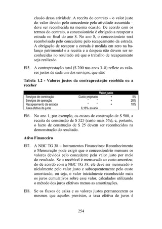 clusão dessa atividade. A receita do contrato – o valor justo 
do valor devido pelo concedente pela atividade assumida – 
deve ser reconhecida na mesma ocasião. De acordo com os 
termos do contrato, o concessionário é obrigado a recapear a 
estrada no final do ano 8. No ano 8, o concessionário será 
reembolsado pelo concedente pelo recapeamento da estrada. 
A obrigação de recapear a estrada é medida em zero na ba-lanço 
patrimonial e a receita e a despesa não devem ser re-conhecidas 
no resultado até que o trabalho de recapeamento 
254 
seja realizado. 
EI5. A contraprestação total ($ 200 nos anos 3–8) reflete os valo-res 
justos de cada um dos serviços, que são: 
Tabela 1.2 - Valores justos da contraprestação recebida ou a 
receber 
Valor justo 
Serviços de construção Custo projetado + 5% 
Serviços de operação ’’ ’’ + 20% 
Recapeamento da estrada ’’ ’’ + 10% 
Taxa efetiva de juros 6,18% ao ano 
EI6. No ano 1, por exemplo, os custos de construção de $ 500, a 
receita de construção de $ 525 (custo mais 5%), e, portanto, 
o lucro de construção de $ 25 devem ser reconhecidos na 
demonstração do resultado. 
Ativo Financeiro 
EI7. A NBC TG 38 – Instrumentos Financeiros: Reconhecimento 
e Mensuração pode exigir que o concessionário mensure os 
valores devidos pelo concedente pelo valor justo por meio 
do resultado. Se o recebível é mensurado ao custo amortiza-do 
de acordo com a NBC TG 38, ele deve ser mensurado i-nicialmente 
pelo valor justo e subsequentemente pelo custo 
amortizado, ou seja, o valor inicialmente reconhecido mais 
os juros cumulativos sobre esse valor, calculados utilizando 
o método dos juros efetivos menos as amortizações. 
EI8. Se os fluxos de caixa e os valores justos permanecerem os 
mesmos que aqueles previstos, a taxa efetiva de juros é 
 