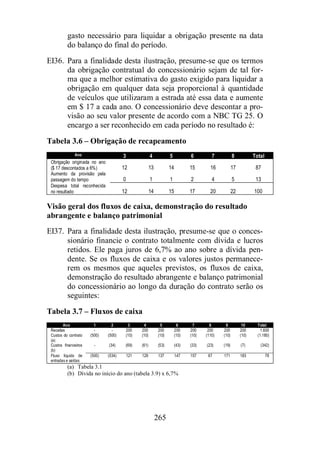 gasto necessário para liquidar a obrigação presente na data 
do balanço do final do período. 
EI36. Para a finalidade desta ilustração, presume-se que os termos 
da obrigação contratual do concessionário sejam de tal for-ma 
que a melhor estimativa do gasto exigido para liquidar a 
obrigação em qualquer data seja proporcional à quantidade 
de veículos que utilizaram a estrada até essa data e aumente 
em $ 17 a cada ano. O concessionário deve descontar a pro-visão 
ao seu valor presente de acordo com a NBC TG 25. O 
encargo a ser reconhecido em cada período no resultado é: 
Tabela 3.6 – Obrigação de recapeamento 
Ano 3 4 5 6 7 8 Total 
Obrigação originada no ano 
($ 17 descontados a 6%) 12 13 14 15 16 17 87 
Aumento da provisão pela 
passagem do tempo 0 1 1 2 4 5 13 
Despesa total reconhecida 
no resultado 12 14 15 17 20 22 100 
Visão geral dos fluxos de caixa, demonstração do resultado 
abrangente e balanço patrimonial 
EI37. Para a finalidade desta ilustração, presume-se que o conces-sionário 
financie o contrato totalmente com dívida e lucros 
retidos. Ele paga juros de 6,7% ao ano sobre a dívida pen-dente. 
Se os fluxos de caixa e os valores justos permanece-rem 
os mesmos que aqueles previstos, os fluxos de caixa, 
demonstração do resultado abrangente e balanço patrimonial 
do concessionário ao longo da duração do contrato serão os 
seguintes: 
265 
Tabela 3.7 – Fluxos de caixa 
Ano 1 2 3 4 5 6 7 8 9 10 Total 
Receitas - - 200 200 200 200 200 200 200 200 1.600 
Custos do contrato 
(a) 
(500) (500) (10) (10) (10) (10) (10) (110) (10) (10) (1.180) 
Custos financeiros 
(b) 
- (34) (69) (61) (53) (43) (33) (23) (19) (7) (342) 
Fluxo líquido de 
entradas e saídas 
(500) (534) 121 129 137 147 157 67 171 183 78 
(a) Tabela 3.1 
(b) Dívida no início do ano (tabela 3.9) x 6,7% 
 