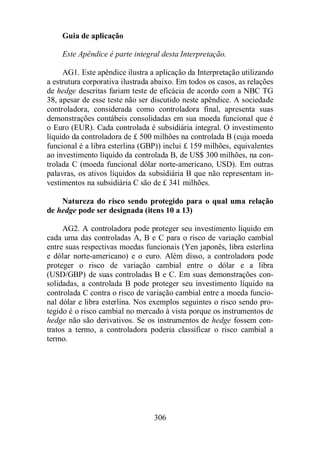 306 
Guia de aplicação 
Este Apêndice é parte integral desta Interpretação. 
AG1. Este apêndice ilustra a aplicação da Interpretação utilizando 
a estrutura corporativa ilustrada abaixo. Em todos os casos, as relações 
de hedge descritas fariam teste de eficácia de acordo com a NBC TG 
38, apesar de esse teste não ser discutido neste apêndice. A sociedade 
controladora, considerada como controladora final, apresenta suas 
demonstrações contábeis consolidadas em sua moeda funcional que é 
o Euro (EUR). Cada controlada é subsidiária integral. O investimento 
líquido da controladora de £ 500 milhões na controlada B (cuja moeda 
funcional é a libra esterlina (GBP)) inclui £ 159 milhões, equivalentes 
ao investimento líquido da controlada B, de US$ 300 milhões, na con-trolada 
C (moeda funcional dólar norte-americano, USD). Em outras 
palavras, os ativos líquidos da subsidiária B que não representam in-vestimentos 
na subsidiária C são de £ 341 milhões. 
Natureza do risco sendo protegido para o qual uma relação 
de hedge pode ser designada (itens 10 a 13) 
AG2. A controladora pode proteger seu investimento líquido em 
cada uma das controladas A, B e C para o risco de variação cambial 
entre suas respectivas moedas funcionais (Yen japonês, libra esterlina 
e dólar norte-americano) e o euro. Além disso, a controladora pode 
proteger o risco de variação cambial entre o dólar e a libra 
(USD/GBP) de suas controladas B e C. Em suas demonstrações con-solidadas, 
a controlada B pode proteger seu investimento líquido na 
controlada C contra o risco de variação cambial entre a moeda funcio-nal 
dólar e libra esterlina. Nos exemplos seguintes o risco sendo pro-tegido 
é o risco cambial no mercado à vista porque os instrumentos de 
hedge não são derivativos. Se os instrumentos de hedge fossem con-tratos 
a termo, a controladora poderia classificar o risco cambial a 
termo. 
 