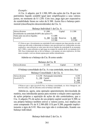 Exemplo: 
A Cia. A adquire, por $ 1.300, 80% das ações da Cia. B que tem 
patrimônio líquido contábil igual (por simplificação) a seus valores 
justos, no montante de $ 1.250. Com isso, paga ágio por expectativa 
de rentabilidade futura no valor de $ 300. Assim fica o balanço patri-monial 
(classificações desconsideradas) da Cia. A: 
Balanço Individual 1 da Cia. A 
Ativos diversos $ 1.000 Capital $ 1.500 
Investimento na controlada B (80% das ações) (*) 
Valor justo nos ativos líquidos $ 1.000 
Goodwill $ 300 $ 1.300 Reservas $ 800 
361 
$ 2.300 $ 2.300 
(*) Note-se que o Investimento na controlada B está composto por duas parcelas em sub-contas 
que não estão evidenciadas no balanço, mas que precisam ser evidenciadas em nota 
explicativa: uma referente ao valor justo dos ativos líquidos da controlada B, no montante 
de $ 1.000, e outra referente ao ágio pago na compra do controle de B, no montante de $ 
300. Essa evidenciação não se faz no balanço, e sim apenas em nota explicativa; foi feita 
nesse exemplo e será nos demais apenas para melhor entendimento. 
Admita-se o balanço da Cia. B como sendo: 
Balanço da Cia. B 
Ativos diversos $ 1.250 Capital $ 1.250 
O balanço consolidado da Cia. A e sua controlada, nessa data, fica: 
Balanço Consolidado 1 da Cia. A 
Ativos diversos $ 2.250 Participação minoritária $ 250 
Goodwill (*) $ 300 Capital $ 1.500 
Reservas $ 800 
$ 2.550 $ 2.550 
(*)Note-se que o ágio (goodwill) fica, no balanço consolidado, no Ativo Intangível, em 
nível de conta, e não de subconta como no balanço individual. 
Admita-se, agora, uma operação aparentemente desvinculada da 
matéria, mas introduzida apenas para mostrar a relação entre aquisição 
de ações próprias e aquisição de ações de não controladores, que a 
Cia. A adquira 5% de ações do seu próprio capital social por $ 200; se 
seu próprio balanço também estiver a valores justos, isso implica em 
estar comprando 5% de $ 2.300 (R$ 115) por $ 200, pagando implici-tamente 
o ágio de $ 85. Mas esse ágio não é evidenciado, ficando seu 
balanço individual: 
Balanço Individual 2 da Cia. A 
 