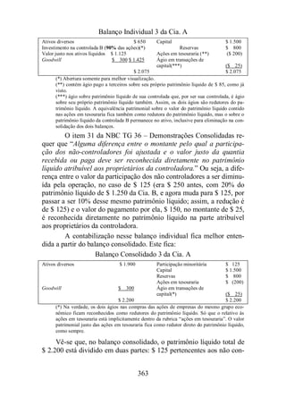 Balanço Individual 3 da Cia. A 
Ativos diversos $ 650 Capital $ 1.500 
Investimento na controlada B (90% das ações)(*) Reservas $ 800 
Valor justo nos ativos líquidos $ 1.125 Ações em tesouraria (**) ($ 200) 
Goodwill $ 300 $ 1.425 Ágio em transações de 
363 
capital(***) ($ 25) 
$ 2.075 $ 2.075 
(*) Abertura somente para melhor visualização. 
(**) contém ágio pago a terceiros sobre seu próprio patrimônio líquido de $ 85, como já 
visto. 
(***) ágio sobre patrimônio líquido de sua controlada que, por ser sua controlada, é ágio 
sobre seu próprio patrimônio líquido também. Assim, os dois ágios são redutores do pa-trimônio 
líquido. A equivalência patrimonial sobre o valor do patrimônio líquido contido 
nas ações em tesouraria fica também como redutora do patrimônio líquido, mas o sobre o 
patrimônio líquido da controlada B permanece no ativo, inclusive para eliminação na con-solidação 
dos dois balanços. 
O item 31 da NBC TG 36 – Demonstrações Consolidadas re-quer 
que “Alguma diferença entre o montante pelo qual a participa-ção 
dos não-controladores foi ajustada e o valor justo da quantia 
recebida ou paga deve ser reconhecida diretamente no patrimônio 
líquido atribuível aos proprietários da controladora.” Ou seja, a dife-rença 
entre o valor da participação dos não controladores a ser diminu-ída 
pela operação, no caso de $ 125 (era $ 250 antes, com 20% do 
patrimônio líquido de $ 1.250 da Cia. B, e agora muda para $ 125, por 
passar a ser 10% desse mesmo patrimônio líquido; assim, a redução é 
de $ 125) e o valor do pagamento por ela, $ 150, no montante de $ 25, 
é reconhecida diretamente no patrimônio líquido na parte atribuível 
aos proprietários da controladora. 
A contabilização nesse balanço individual fica melhor enten-dida 
a partir do balanço consolidado. Este fica: 
Balanço Consolidado 3 da Cia. A 
Ativos diversos $ 1.900 Participação minoritária $ 125 
Capital $ 1.500 
Reservas $ 800 
Ações em tesouraria $ (200) 
Goodwill $ 300 Ágio em transações de 
capital(*) ($ 25) 
$ 2.200 $ 2.200 
(*) Na verdade, os dois ágios nas compras das ações de empresas do mesmo grupo eco-nômico 
ficam reconhecidos como redutores do patrimônio líquido. Só que o relativo às 
ações em tesouraria está implicitamente dentro da rubrica “ações em tesouraria”. O valor 
patrimonial justo das ações em tesouraria fica como redutor direto do patrimônio líquido, 
como sempre. 
Vê-se que, no balanço consolidado, o patrimônio líquido total de 
$ 2.200 está dividido em duas partes: $ 125 pertencentes aos não con- 
 
