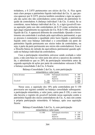 troladores, e $ 2.075 pertencentes aos sócios da Cia. A. Fica agora 
mais claro porque o patrimônio líquido individual da Cia. A, que pre-cisa 
aparecer por $ 2.075, precisa também considerar o ágio na aquisi-ção 
das ações dos não controladores como redutor do patrimônio lí-quido 
da controladora A (balanço individual 3 da Cia. A atrás). Se se 
considerar, nesse balanço individual da Cia. A, o ágio (goodwill) nes-sa 
aquisição junto aos não controladores de $ 25 como acréscimo ao 
ágio pago originalmente na aquisição da Cia. B de $ 300, o patrimônio 
líquido da Cia. A aparecerá diferente do consolidado. Quando o inves-timento 
em controlada é avaliado pela equivalência patrimonial, o que 
se procura é exatamente a igualdade entre lucro líquido e patrimônio 
líquido entre esse balanço individual e o consolidado (na parte do 
patrimônio líquido pertencente aos sócios todos da controladora, ou 
seja, à parte da parte pertencente aos sócios não controladores). Essa é 
a filosofia básica do método da equivalência patrimonial quando apli-cado 
no balanço individual da controladora. 
Caso a participação minoritária estivesse sendo avaliada a valor 
justo, e não com base no valor justo dos ativos e passivos da controla-da, 
e admitindo-se que os 20% da participação minoritária antes da 
segunda aquisição de ações por parte da controladora valessem $ 300, 
o balanço consolidado 2 da Cia. A ficaria: 
Balanço Consolidado 2 da Cia. A, com participação 
minoritária a valor justo 
Ativos diversos $ 2.050 Participação minoritária $ 300 
364 
Capital $ 1.500 
Reservas $ 800 
Goodwill $ 350 Ações em tesouraria $ (200) 
$ 2.400 $ 2.400 
Nesse caso, a aquisição dos 10% pela controladora por $ 150 
provocaria um registro contábil no balanço consolidado subsequente: 
a participação minoritária, a valor justo, cairia para $ 150, e com isso 
não haveria o registro do goodwill incluído nessa aquisição contra o 
patrimônio líquido dos sócios controladores da Cia. A, mas sim contra 
a própria participação minoritária. O balanço, após essa aquisição 
ficaria: 
Balanço Consolidado 3 da Cia. A, com participação 
minoritária a valor justo 
Ativos diversos $ 1.900 Participação minoritária $ 150 
Capital $ 1.500 
Reservas $ 800 
Ações em tesouraria $ (200) 
 