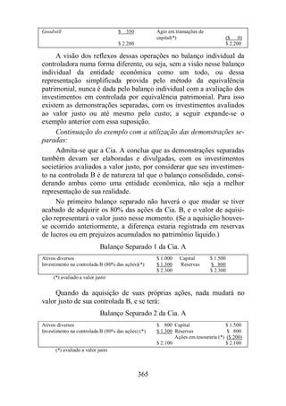 Goodwill $ 350 Ágio em transações de 
365 
capital(*) ($ 0) 
$ 2.200 $ 2.200 
A visão dos reflexos dessas operações no balanço individual da 
controladora numa forma diferente, ou seja, sem a visão nesse balanço 
individual da entidade econômica como um todo, ou dessa 
representação simplificada provida pelo método da equivalência 
patrimonial, nunca é dada pelo balanço individual com a avaliação dos 
investimentos em controlada por equivalência patrimonial. Para isso 
existem as demonstrações separadas, com os investimentos avaliados 
ao valor justo ou até mesmo pelo custo; a seguir expande-se o 
exemplo anterior com essa suposição. 
Continuação do exemplo com a utilização das demonstrações se-paradas: 
Admita-se que a Cia. A conclua que as demonstrações separadas 
também devam ser elaboradas e divulgadas, com os investimentos 
societários avaliados a valor justo, por considerar que seu investimen-to 
na controlada B é de natureza tal que o balanço consolidado, consi-derando 
ambas como uma entidade econômica, não seja a melhor 
representação de sua realidade. 
No primeiro balanço separado não haverá o que mudar se tiver 
acabado de adquirir os 80% das ações da Cia. B, e o valor de aquisi-ção 
representará o valor justo nesse momento. (Se a aquisição houves-se 
ocorrido anteriormente, a diferença estaria registrada em reservas 
de lucros ou em prejuízos acumulados no patrimônio líquido.) 
Balanço Separado 1 da Cia. A 
Ativos diversos $ 1.000 Capital $ 1.500 
Investimento na controlada B (80% das ações)(*) $ 1.300 Reservas $ 800 
$ 2.300 $ 2.300 
(*) avaliado a valor justo 
Quando da aquisição de suas próprias ações, nada mudará no 
valor justo de sua controlada B, e se terá: 
Balanço Separado 2 da Cia. A 
Ativos diversos $ 800 Capital $ 1.500 
Investimento na controlada B (80% das ações) (*) $ 1.300 Reservas $ 800 
Ações em tesouraria (*) ($ 200) 
$ 2.100 $ 2.100 
(*) avaliado a valor justo 
 