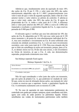 Admita-se que, imediatamente antes da aquisição de mais 10% 
das ações da Cia. B por $ 150, o valor justo dos 80% das ações 
anteriormente adquiridas seja de $ 1.400 ( proporcionalmente esse 
valor é mais do que o valor da segunda aquisição, dado o fato de o lote 
anterior incluir o valor relativo ao prêmio de controle). E admita-se 
que o valor total, então, dos 90% das ações da Cia. B agora de 
propriedade da Cia. A, tenha o valor justo de $ 1.550. A diferença 
entre o valor justo anterior dos 80% ($ 1.300) e o novo ($ 1.400) terá 
impactado o resultado e o patrimônio líquido da Cia. A, cujas reservas 
passarão de $ 800 para $ 900. 
O relevante agora é verificar que esse lote adicional de 10% das 
ações da Cia. B, adquiridos por $ 150, tem esse valor justo de $ 150 
nesse momento e, do ponto de vista absolutamente individual da Cia. 
A, mas sem considerar o investimento na Cia. B como refletindo uma 
extensão da entidade econômica Cia. A, e sim um mero investimento 
societário, com valor justo total de $ 1.550. Para essa situação não há 
que se falar em semelhança às ações em tesouraria, porque, para a Cia. 
A, os demais sócios na Cia. B não são seus sócios, e sim investidores 
na forma de terceiros, já que a Cia. A está, nas demonstrações 
separadas, propiciando exatamente essa visão. 
Seu balanço separado ficará agora: 
Balanço Separado 3 da Cia. A 
Ativos diversos $ 650 Capital $ 1.500 
366 
Reservas $ 900 
Investimento na controlada B (90% das ações)(*) $ 1.550 Ações em tesouraria (*) ($ 200) 
$ 2.200 $ 2.200 
(*) avaliado a valor justo 
Não foi aqui considerado o valor justo das ações em tesouraria, 
que são ações da própria Cia. A, que poderiam ter mudado de valor. 
Só que, como no caso de alienação dessas ações, sua mutação de valor 
é contra as reservas que a suportam. Assim, o patrimônio líquido da 
Cia. A continuaria exatamente com os mesmos $ 2.200. 
70. No caso de aquisição de mais instrumentos patrimoniais da 
controlada com ganho por compra vantajosa, ajuste semelhante será feito, 
agora com conta de saldo positivo no patrimônio líquido. Efeitos 
semelhantes nas vendas de instrumentos patrimoniais serão também 
 