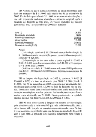 EI8 Assuma-se que a avaliação de fluxo de caixa descontado com 
base em mercado de $ 115.000 seja obtida em 31 de dezembro de 
2002. Ela inclui a provisão de $ 11.600 para custos de desativação, o 
que não representa nenhuma alteração à estimativa original, após a 
reversão do desconto de três anos. Os valores incluídos no balanço 
patrimonial em 31 de dezembro de 2002 são, portanto: 
Ativo (1) 126.600 
Depreciação acumulada Nada 
Passivo por desativação (11.600) 
Ativos líquidos 115.000 
Lucros acumulados (2) (10.600) 
Reserva de reavaliação (3) 15.600 
403 
Notas: 
$ 
(1) Avaliação obtida de $ 115.000 mais custos de desativação de 
$ 11.600 considerada na avaliação, porém reconhecida como passivo 
separado = $ 126.600. 
(2) Depreciação de três anos sobre o custo original $ 120.000 x 
3/40 = $ 9.000 mais desconto acumulado em $ 10.000 a 5% compos-to 
= $ 1.600; total $ 10.600. 
(3) Valor reavaliado $ 126.600 menos valor contábil líquido ante-rior 
de $ 111.000 (custo $ 120.000 menos depreciação acumulada de 
$ 9.000). 
EI9 A despesa de depreciação de 2003 é, portanto, $ 3.420 ($ 
126.600 x 1/37) e a taxa de desconto para 2003 é $ 600 (5% de $ 
11.600). Em 31 de dezembro de 2003, o passivo por desativação (an-tes 
de qualquer ajuste) é de $ 12.200 e a taxa de desconto não se alte-rou. 
Entretanto, nessa data a entidade estima que, como resultado dos 
avanços tecnológicos, o valor presente líquido do passivo por desati-vação 
tenha diminuído em $ 5.000. Consequentemente, a entidade 
ajusta o passivo por desativação de $ 12.200 para $ 7.200. 
EI10 O total desse ajuste é lançado em reserva de reavaliação, 
pois ele não excede o valor contábil que teria sido reconhecido caso o 
ativo tivesse sido lançado de acordo com o método do custo. Se isso 
tivesse ocorrido, o excedente teria sido lançado no resultado de acordo 
com o item 6(b). A entidade faz o seguinte lançamento para refletir a 
mudança: 
 