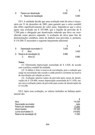 404 
$ $ 
D Passivo por desativação 5.000 
C Reserva de reavaliação 5.000 
EI11 A entidade decide que uma avaliação total do ativo é neces-sária 
em 31 de dezembro de 2003, para garantir que o valor contábil 
não difira significativamente do valor justo. Suponha-se que o ativo 
agora seja avaliado em $ 107.000, que é líquido da provisão de $ 
7.200 para a obrigação por desativação reduzida que deve ser reco-nhecida 
como passivo separado. A avaliação do ativo para fins de 
demonstrações contábeis, antes de deduzir essa provisão, é, portanto, 
$ 114.200. É necessário o seguinte lançamento adicional: 
$ $ 
D Depreciação acumulada (1) 3.420 
C Ativo 3.420 
D Reserva de reavaliação (2) 8.980 
C Ativo (3) 8.980 
Notas: 
(1) Eliminando depreciação acumulada de $ 3.420, de acordo 
com a política contábil da entidade. 
(2) O débito é feito à reserva de reavaliação, pois a redução que 
surge na reavaliação não excede o saldo positivo existente na reserva 
de reavaliação em relação ao ativo. 
(3) Avaliação anterior (antes da provisão para custos de desati-vação) 
de $ 126.600, menos depreciação acumulada de $ 3.420, me-nos 
nova avaliação (antes da provisão para custos de desativação) de 
$ 114.200. 
EI12 Após essa avaliação, os valores incluídos no balanço patri-monial 
são: 
$ 
Ativo 114.200 
Depreciação acumulada nada 
Passivo por desativação (7.200) 
Ativos líquidos 107.000 
Lucros acumulados (1) (14.620) 
Reserva de reavaliação (2) 11.620 
 
