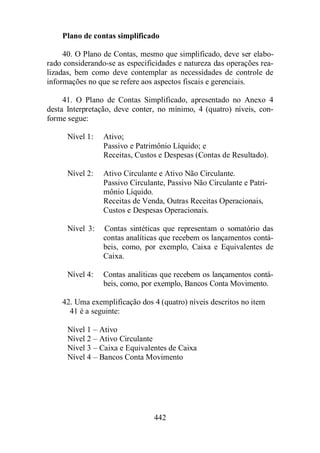Plano de contas simplificado 
40. O Plano de Contas, mesmo que simplificado, deve ser elabo-rado 
considerando-se as especificidades e natureza das operações rea-lizadas, 
bem como deve contemplar as necessidades de controle de 
informações no que se refere aos aspectos fiscais e gerenciais. 
41. O Plano de Contas Simplificado, apresentado no Anexo 4 
desta Interpretação, deve conter, no mínimo, 4 (quatro) níveis, con-forme 
442 
segue: 
Nível 1: Ativo; 
Passivo e Patrimônio Líquido; e 
Receitas, Custos e Despesas (Contas de Resultado). 
Nível 2: Ativo Circulante e Ativo Não Circulante. 
Passivo Circulante, Passivo Não Circulante e Patri-mônio 
Líquido. 
Receitas de Venda, Outras Receitas Operacionais, 
Custos e Despesas Operacionais. 
Nível 3: Contas sintéticas que representam o somatório das 
contas analíticas que recebem os lançamentos contá-beis, 
como, por exemplo, Caixa e Equivalentes de 
Caixa. 
Nível 4: Contas analíticas que recebem os lançamentos contá-beis, 
como, por exemplo, Bancos Conta Movimento. 
42. Uma exemplificação dos 4 (quatro) níveis descritos no item 
41 é a seguinte: 
Nível 1 – Ativo 
Nível 2 – Ativo Circulante 
Nível 3 – Caixa e Equivalentes de Caixa 
Nível 4 – Bancos Conta Movimento 
 