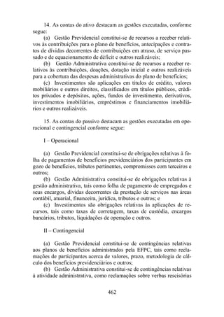 14. As contas do ativo destacam as gestões executadas, conforme 
462 
segue: 
(a) Gestão Previdencial constitui-se de recursos a receber relati-vos 
às contribuições para o plano de benefícios, antecipações e contra-tos 
de dívidas decorrentes de contribuições em atraso, de serviço pas-sado 
e de equacionamento de déficit e outros realizáveis; 
(b) Gestão Administrativa constitui-se de recursos a receber re-lativos 
às contribuições, doações, dotação inicial e outros realizáveis 
para a cobertura das despesas administrativas do plano de benefícios; 
(c) Investimentos são aplicações em títulos de crédito, valores 
mobiliários e outros direitos, classificados em títulos públicos, crédi-tos 
privados e depósitos, ações, fundos de investimento, derivativos, 
investimentos imobiliários, empréstimos e financiamentos imobiliá-rios 
e outros realizáveis. 
15. As contas do passivo destacam as gestões executadas em ope-racional 
e contingencial conforme segue: 
I – Operacional 
(a) Gestão Previdencial constitui-se de obrigações relativas à fo-lha 
de pagamentos de benefícios previdenciários dos participantes em 
gozo de benefícios, tributos pertinentes, compromissos com terceiros e 
outros; 
(b) Gestão Administrativa constitui-se de obrigações relativas à 
gestão administrativa, tais como folha de pagamento de empregados e 
seus encargos, dívidas decorrentes da prestação de serviços nas áreas 
contábil, atuarial, financeira, jurídica, tributos e outros; e 
(c) Investimentos são obrigações relativas às aplicações de re-cursos, 
tais como taxas de corretagem, taxas de custódia, encargos 
bancários, tributos, liquidações de operação e outros. 
II – Contingencial 
(a) Gestão Previdencial constitui-se de contingências relativas 
aos planos de benefícios administrados pela EFPC, tais como recla-mações 
de participantes acerca de valores, prazo, metodologia de cál-culo 
dos benefícios previdenciários e outros; 
(b) Gestão Administrativa constitui-se de contingências relativas 
à atividade administrativa, como reclamações sobre verbas rescisórias 
 