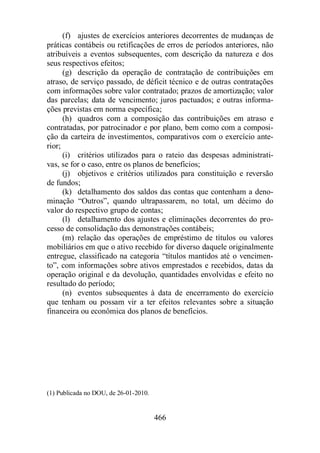 (f) ajustes de exercícios anteriores decorrentes de mudanças de 
práticas contábeis ou retificações de erros de períodos anteriores, não 
atribuíveis a eventos subsequentes, com descrição da natureza e dos 
seus respectivos efeitos; 
(g) descrição da operação de contratação de contribuições em 
atraso, de serviço passado, de déficit técnico e de outras contratações 
com informações sobre valor contratado; prazos de amortização; valor 
das parcelas; data de vencimento; juros pactuados; e outras informa-ções 
previstas em norma específica; 
(h) quadros com a composição das contribuições em atraso e 
contratadas, por patrocinador e por plano, bem como com a composi-ção 
da carteira de investimentos, comparativos com o exercício ante-rior; 
(i) critérios utilizados para o rateio das despesas administrati-vas, 
se for o caso, entre os planos de benefícios; 
(j) objetivos e critérios utilizados para constituição e reversão 
466 
de fundos; 
(k) detalhamento dos saldos das contas que contenham a deno-minação 
“Outros”, quando ultrapassarem, no total, um décimo do 
valor do respectivo grupo de contas; 
(l) detalhamento dos ajustes e eliminações decorrentes do pro-cesso 
de consolidação das demonstrações contábeis; 
(m) relação das operações de empréstimo de títulos ou valores 
mobiliários em que o ativo recebido for diverso daquele originalmente 
entregue, classificado na categoria “títulos mantidos até o vencimen-to”, 
com informações sobre ativos emprestados e recebidos, datas da 
operação original e da devolução, quantidades envolvidas e efeito no 
resultado do período; 
(n) eventos subsequentes à data de encerramento do exercício 
que tenham ou possam vir a ter efeitos relevantes sobre a situação 
financeira ou econômica dos planos de benefícios. 
(1) Publicada no DOU, de 26-01-2010. 
 