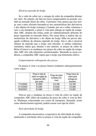 99 
Eficácia esperada do hedge 
Se o valor do cobre cai, o estoque de cobre da companhia diminui 
em valor. No entanto, ela fará um lucro compensatório na posição ven-dida 
no mercado futuro de cobre. À primeira vista, parece que esse hed-ge 
será o mais eficiente baseando-se nas características dos derivativos 
e dos objetos do hedge (estoque). Contudo, por ser o cobre volumoso e 
caro o seu transporte, o preço à vista para entrega na região da compa-nhia 
ABC, distante das minas, pode ser substancialmente diferente do 
preço negociado no mercado futuro. Por causa disso, a análise das ca-racterísticas 
do derivativo e do objeto do hedge falha em prover ade-quada 
evidência da eficácia esperada do hedge. Isto é, não é possível 
afirmar de antemão que o hedge será eficiente. A análise estatística, 
entretanto, indica que, durante o ano anterior, os preços de cobre na 
Bolsa (Comex) e as mudanças nos preços do cobre na região da compa-nhia 
ABC têm sido altamente correlacionados. Baseando-se nessa evi-dência, 
a companhia ABC espera que o hedge seja fortemente efetivo. 
Comportamento subsequente dos preços 
Os preços à vista e os preços futuros mudaram subsequentemente 
como segue: 
Preço à vista do 
cobre na região da 
companhia ABC 
(por quilo) 
Preço do cobre 
na Bolsa (Co-mex) 
Preço futuro do 
cobre para 
entrega em 
fevereiro 
1º/12/20X0 $ 0,800 $ 0,790 $ 0,795 
31/12/20X0 $ 0,840 $ 0,832 $ 0,836 
19/02/20X1 $ 0,860 $ 0,855 $ 0,853 
Note-se que a mudança no preço à vista do cobre na região da 
companhia ABC difere da mudança do preço do cobre à vista na Bol-sa. 
Mudanças relacionadas aos custos de transporte, demanda, assim 
como abastecimento regional, podem causar esse tipo de efeito. 
Real efetividade do hedge 
A companhia documentou a expectativa de efetividade do hedge 
analisando a correlação entre os preços à vista da região da companhia 
 