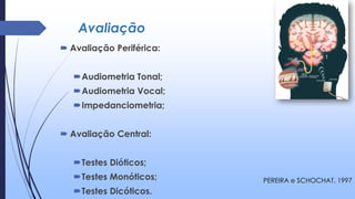 Avaliação
 Avaliação Periférica:
Audiometria Tonal;
Audiometria Vocal;
Impedanciometria;
 Avaliação Central:
Testes Dióticos;
Testes Monóticos;
Testes Dicóticos.
PEREIRA e SCHOCHAT, 1997
 