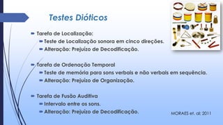 Testes Dióticos
 Tarefa de Localização:
Teste de Localização sonora em cinco direções.
Alteração: Prejuízo de Decodificação.
 Tarefa de Ordenação Temporal
Teste de memória para sons verbais e não verbais em sequência.
Alteração: Prejuízo de Organização.
 Tarefa de Fusão Auditiva
Intervalo entre os sons.
Alteração: Prejuízo de Decodificação. MORAES et. al; 2011
 
