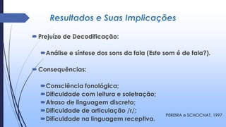 Resultados e Suas Implicações
Prejuízo de Decodificação:
Análise e síntese dos sons da fala (Este som é de fala?).
Consequências:
Consciência fonológica;
Dificuldade com leitura e soletração;
Atraso de linguagem discreto;
Dificuldade de articulação /r/;
Dificuldade na linguagem receptiva.
PEREIRA e SCHOCHAT, 1997
 