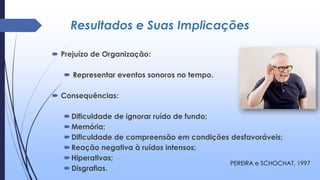 Resultados e Suas Implicações
 Prejuízo de Organização:
 Representar eventos sonoros no tempo.
 Consequências:
Dificuldade de ignorar ruído de fundo;
Memória;
Dificuldade de compreensão em condições desfavoráveis;
Reação negativa à ruídos intensos;
Hiperativas;
Disgrafias.
PEREIRA e SCHOCHAT, 1997
 