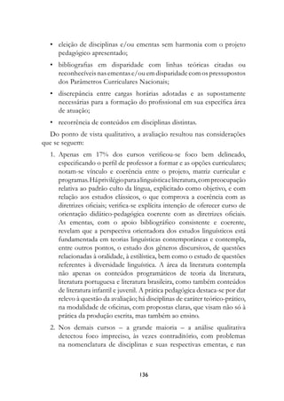 •	 eleição de disciplinas e/ou ementas sem harmonia com o projeto
     pedagógico apresentado;
	 •	 bibliografias em disparidade com linhas teóricas citadas ou
     reconhecíveis nas ementas e/ou em disparidade com os pressupostos
     dos Parâmetros Curriculares Nacionais;
	 •	 discrepância entre cargas horárias adotadas e as supostamente
     necessárias para a formação do profissional em sua específica área
     de atuação;
	 •	 recorrência de conteúdos em disciplinas distintas.
  Do ponto de vista qualitativo, a avaliação resultou nas considerações
que se seguem:
	 1.	 Apenas em 17% dos cursos verificou-se foco bem delineado,
      especificando o perfil de professor a formar e as opções curriculares;
      notam-se vínculo e coerência entre o projeto, matriz curricular e
      programas. Há privilégio para a linguística e literatura, com preocupação
      relativa ao padrão culto da língua, explicitado como objetivo, e com
      relação aos estudos clássicos, o que comprova a coerência com as
      diretrizes oficiais; verifica-se explícita intenção de oferecer curso de
      orientação didático-pedagógica coerente com as diretrizes oficiais.
      As ementas, com o apoio bibliográfico consistente e coerente,
      revelam que a perspectiva orientadora dos estudos linguísticos está
      fundamentada em teorias linguísticas contemporâneas e contempla,
      entre outros pontos, o estudo dos gêneros discursivos, de questões
      relacionadas à oralidade, à estilística, bem como o estudo de questões
      referentes à diversidade linguística. A área da literatura contempla
      não apenas os conteúdos programáticos de teoria da literatura,
      literatura portuguesa e literatura brasileira, como também conteúdos
      de literatura infantil e juvenil. A prática pedagógica destaca-se por dar
      relevo à questão da avaliação; há disciplinas de caráter teórico-prático,
      na modalidade de oficinas, com propostas claras, que visam não só à
      prática da produção escrita, mas também ao ensino.
	 2.	 Nos demais cursos – a grande maioria – a análise qualitativa
      detectou foco impreciso, às vezes contraditório, com problemas
      na nomenclatura de disciplinas e suas respectivas ementas, e nas



                                     136
 