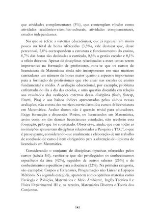 que atividades complementares (5%), que contemplam rótulos como
atividades acadêmico-científico-culturais, atividades complementares,
estudos independentes.
    No que se refere a sistemas educacionais, que já representam muito
pouco no total de horas oferecidas (3,3%), vale destacar que, desse
percentual, 2,0% correspondem a estrutura e funcionamento do ensino,
0,7% das horas são dedicadas a currículo, 0,5% a gestão escolar e 0,1%
a ofício docente. Apesar de disciplinas relacionadas a esses temas serem
importantes na formação de professores, nota-se que os cursos de
licenciatura de Matemática ainda não incorporaram em suas matrizes
curriculares um número de horas maior quanto a aspectos importantes
para a formação de profissionais que vão atuar nas escolas de ensino
fundamental e médio. A avaliação educacional, por exemplo, problema
enfrentado no dia a dia das escolas, e uma questão discutida em relação
aos resultados das avaliações externas dessa disciplina (Saeb, Saresp,
Enem, Pisa) e aos baixos índices apresentados pelos alunos nessas
avaliações, não consta das matrizes curriculares dos cursos de licenciatura
em Matemática. Avaliar alunos não é questão trivial para educadores.
Exige formação e discussão. Porém, os licenciandos em Matemática,
assim como os das demais licenciaturas estudadas, não recebem essa
formação, pelo que foi constatado. Observa-se, ainda, que nem todas as
instituições apresentam disciplinas relacionadas a Pesquisa e TCC”, o que
é preocupante, considerando que atualmente a elaboração de um trabalho
de conclusão de curso é item obrigatório para a obtenção do diploma de
licenciado em Matemática.
   Considerando o conjunto de disciplinas optativas oferecidas pelos
cursos (tabela 5.6), verifica-se que são privilegiados os conhecimentos
específicos da área (42%), seguidos de outros saberes (25%) e de
conhecimentos específicos para a docência (22%). Na primeira categoria,
são exemplos: Corpos e Extensões, Programação não Linear e Espaços
Métricos. Na segunda categoria, aparecem como optativas matérias como
Ecologia e Poluição, Matemática e Meio Ambiente, Inglês Técnico I e
Física Experimental III e, na terceira, Matemática Discreta e Teoria dos
Conjuntos.



                                   141
 