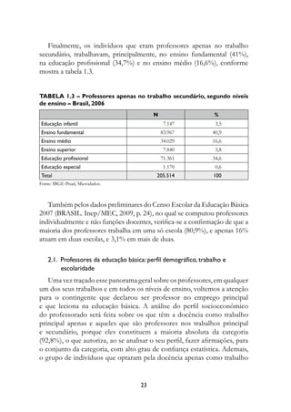 Finalmente, os indivíduos que eram professores apenas no trabalho
secundário, trabalhavam, principalmente, no ensino fundamental (41%),
na educação profissional (34,7%) e no ensino médio (16,6%), conforme
mostra a tabela 1.3.


Tabela 1.3 – Professores apenas no trabalho secundário, segundo níveis
de ensino – Brasil, 2006
                                            N                       %
Educação infantil                                7.147              3,5
Ensino fundamental                              83.967             40,9
Ensino médio                                    34.029             16,6
Ensino superior                                  7.840              3,8
Educação profissional                           71.361             34,6
Educação especial                                1.170              0,6
Total                                         205.514              100
Fonte: IBGE-Pnad, Microdados.



   Também pelos dados preliminares do Censo Escolar da Educação Básica
2007 (BRASIL. Inep/MEC, 2009, p. 24), no qual se computou professores
individualmente e não funções docentes, verifica-se a confirmação de que a
maioria dos professores trabalha em uma só escola (80,9%), e apenas 16%
atuam em duas escolas, e 3,1% em mais de duas.

    2.1.  Professores da educação básica: perfil demográfico, trabalho e 	
           escolaridade
   Uma vez traçado esse panorama geral sobre os professores, em qualquer
um dos seus trabalhos e em todos os níveis de ensino, voltemos a atenção
para o contingente que declarou ser professor no emprego principal
e que leciona na educação básica. A análise do perfil socioeconômico
do professorado será feita sobre os que têm a docência como trabalho
principal apenas e aqueles que são professores nos trabalhos principal
e secundário, porque eles constituem a maioria absoluta da categoria
(92,8%), o que autoriza, ao se analisar o seu perfil, fazer afirmações, para
o conjunto da categoria, com alto grau de confiança estatística. Ademais,
o grupo de indivíduos que optaram pela docência apenas como trabalho


                                       23
 