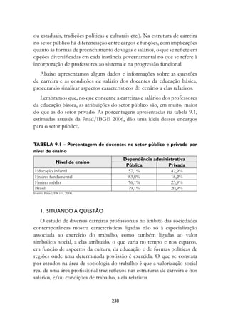 ou estaduais, tradições políticas e culturais etc.). Na estrutura de carreira
no setor público há diferenciação entre cargos e funções, com implicações
quanto às formas de preenchimento de vagas e salários, o que se reflete em
opções diversificadas em cada instância governamental no que se refere à
incorporação de professores ao sistema e na progressão funcional.
   Abaixo apresentamos alguns dados e informações sobre as questões
de carreira e as condições de salário dos docentes da educação básica,
procurando sinalizar aspectos característicos do cenário a elas relativos.
   Lembramos que, no que concerne a carreiras e salários dos professores
da educação básica, as atribuições do setor público são, em muito, maior
do que as do setor privado. As porcentagens apresentadas na tabela 9.1,
estimadas através da Pnad/IBGE 2006, dão uma ideia desses encargos
para o setor público.


Tabela 9.1 – Porcentagem de docentes no setor público e privado por
nível de ensino
                                          Dependência administrativa
            Nível de ensino
                                           Pública          Privada
Educação infantil                           57,1%            42,9%
Ensino fundamental                          83,8%            16,2%
Ensino médio                                76,1%            23,9%
Brasil                                      79,1%            20,9%
Fonte: Pnad/IBGE, 2006.



   1.  Situando a questão
   O estudo de diversas carreiras profissionais no âmbito das sociedades
contemporâneas mostra características ligadas não só à especialização
associada ao exercício do trabalho, como também ligadas ao valor
simbólico, social, a elas atribuído, o que varia no tempo e nos espaços,
em função de aspectos da cultura, da educação e de formas políticas de
regiões onde uma determinada profissão é exercida. O que se constata
por estudos na área de sociologia do trabalho é que a valorização social
real de uma área profissional traz reflexos nas estruturas de carreira e nos
salários, e/ou condições de trabalho, a ela relativos.



                                    238
 
