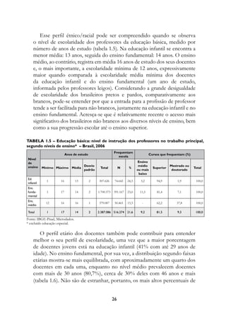 Esse perfil étnico/racial pode ser compreendido quando se observa
    o nível de escolaridade dos professores da educação básica, medido por
    número de anos de estudo (tabela 1.5). Na educação infantil se encontra a
    menor média: 13 anos, seguida do ensino fundamental: 14 anos. O ensino
    médio, ao contrário, registra em média 16 anos de estudo dos seus docentes
    e, o mais importante, a escolaridade mínima de 12 anos, expressivamente
    maior quando comparada à escolaridade média mínima dos docentes
    da educação infantil e do ensino fundamental (um ano de estudo,
    informada pelos professores leigos). Considerando a grande desigualdade
    de escolaridade dos brasileiros pretos e pardos, comparativamente aos
    brancos, pode-se entender por que a entrada para a profissão de professor
    tende a ser facilitada para não brancos, justamente na educação infantil e no
    ensino fundamental. Acresça-se que é relativamente recente o acesso mais
    significativo dos brasileiros não brancos aos diversos níveis de ensino, bem
    como a sua progressão escolar até o ensino superior.

Tabela 1.5 – Educação básica: nível de instrução dos professores no trabalho principal,
segundo níveis de ensino* – Brasil, 2006
                                                           Frequentam
                          Anos de estudo                                            Cursos que frequentam (%)
                                                              escola
Nível
de                                                                          Ensino
ensino                                Desvio                                 médio               Mestrado ou
           Mínimo Máximo      Média             Total           N     %               Superior                  Total
                                      padrão                                ou mais               doutorado
                                                                             baixo
Ed.
             1       16         13         2   307.626      74.642   24,3     3,2       94,9         1,9         100,0
infantil
Ens.
funda-       1       17         14         2   1.700.373   391.167   23,0    11,5       81,4         7,1         100,0
mental
Ens.
             12      16         16         1   379.087      50.465   13,3      -        62,2        37,8         100,0
médio

Total        1      17          14         2   2.387.086 516.274 21,6         9,2       81,5         9,3         100,0

Fonte: IBGE-Pnad, Microdados.
* excluído educação especial.

       O perfil etário dos docentes também pode contribuir para entender
    melhor o seu perfil de escolaridade, uma vez que a maior porcentagem
    de docentes jovens está na educação infantil (41% com até 29 anos de
    idade). No ensino fundamental, por sua vez, a distribuição segundo faixas
    etárias mostra-se mais equilibrada, com aproximadamente um quarto dos
    docentes em cada uma, enquanto no nível médio prevalecem docentes
    com mais de 30 anos (80,7%), cerca de 30% deles com 46 anos e mais
    (tabela 1.6). Não são de estranhar, portanto, os mais altos percentuais de


                                                           26
 
