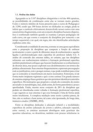1.1.		Análise	dos	dados
   Agregando-se às 3.107 disciplinas obrigatórias o rol das 406 optativas,
as possibilidades de combinação entre elas se tornam muito grandes.
Como o número mínimo de horas prescrito para o curso de Pedagogia é
de 3.200, sendo que 300 horas devem ser dedicadas ao estágio, pode-se
inferir que o currículo efetivamente desenvolvido nesses cursos tem uma
característica fragmentária, com um conjunto disciplinar bastante disperso.
Isso é confirmado também quando se examina o projeto pedagógico de
cada curso, em que consta o conjunto de disciplinas por semestre e em
tempo sequencial, e no qual, em regra, não são identificadas articulações
explícitas entre elas.
    Considerando a totalidade da amostra, constata-se uma quase equivalência
entre a proporção de disciplinas que cumprem a função de embasar
teoricamente o curso a partir de diferentes áreas de conhecimento e aquelas
ligadas à profissionalização mais específica do professor (tabela 5.1). A
análise do conteúdo das ementas indica, no entanto, que nas disciplinas
referentes aos conhecimentos relativos à formação profissional específica
também predominam enfoques que buscam fundamentar os conhecimentos
de diversas áreas, mas pouco exploram seus desdobramentos em termos das
práticas educacionais. Suas ementas frequentemente expressam preocupação
com as justificativas, com o porquê ensinar, o que pode contribuir para evitar
que os conteúdos se transformem em meros receituários. Entretanto, só de
forma muito incipiente registram o quê e como ensinar. Um grande número
de ementas emprega frases genéricas que não permitem identificar conteúdos
específicos. Há instituições que propõem o estudo dos conteúdos de ensino
associados às metodologias, mas, ainda assim, de forma panorâmica e pouco
aprofundada. Então, mesmo nesse conjunto de 28% de disciplinas que
podem ser classificadas como voltadas à formação profissional específica,
o que sugerem as suas ementas é que essa formação é feita de forma ainda
muito insuficiente. A complexa mediação entre teoria e prática parece, de
fato, não se realizar a bom termo, tal como vêm apontando, de longa data,
inúmeros estudos (ANDRÉ, 2002).
   Entre as disciplinas dedicadas à educação infantil e a modalidades
específicas de ensino (educação de jovens e adultos, educação especial,
entre outras), as ementas acentuam abordagens mais genéricas das
questões educativas, ou descritivas, também com poucas referências às



                                     121
 